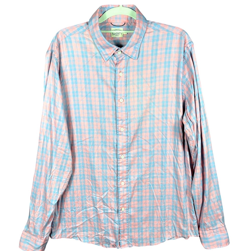 Faherty Button Down Shirt Mens Large Pink Blue Plaid Supima Cotton Stretch L/S